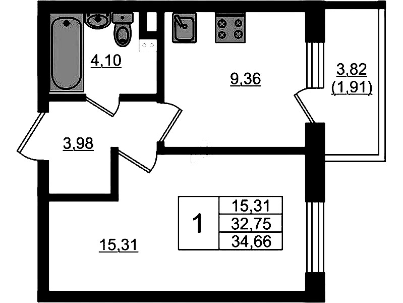 1-комнатная квартира 34.66 м², 2/4 эт., ЖК «Новая история»